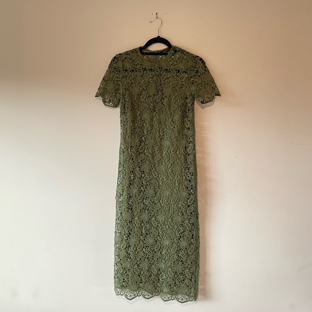 Zara Olive Green Lace Crew Neck Short Sleeve Gown with Slip - SZ Small